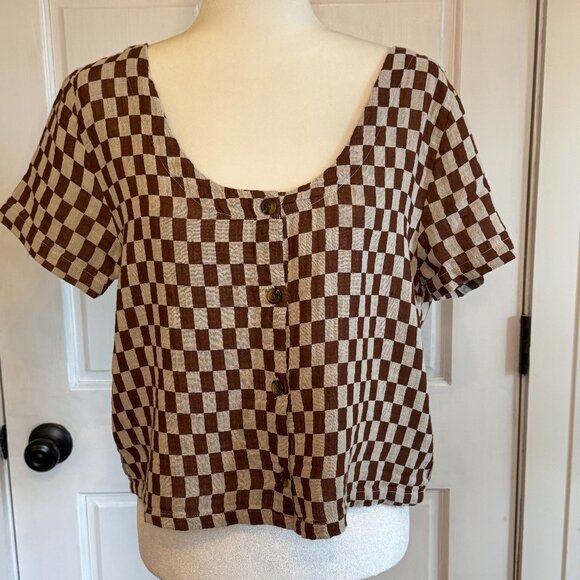 Tops - brixton | brown checkerboard print button-front top | size medium